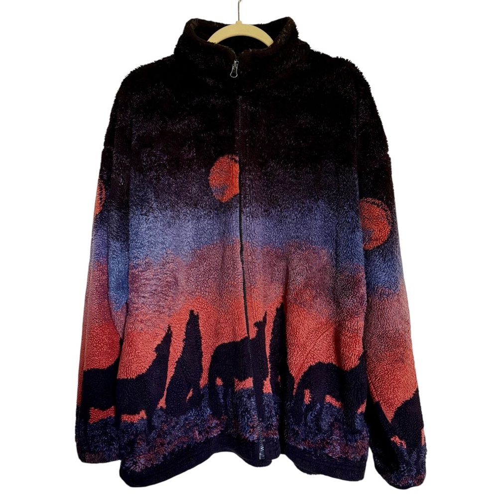 Vintage Mazmania Wolf Pack Sunset Fleece Jacket Wrap Around Graphic